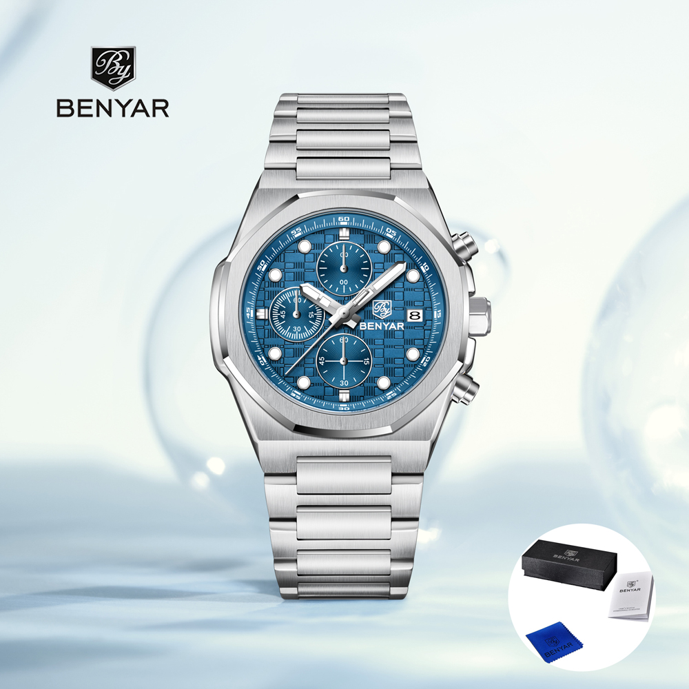 Mens Fashion Watch - 2025年ニューベニアーメンズ腕時計トップラグジュアリークォーツ腕時計クロノグラフウォッチ男性用ステンレススチール防水時計ギフトボックス