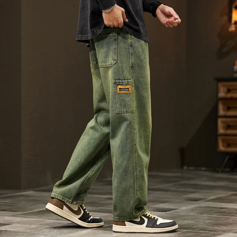 Men'S Fashion With Baggy Jeans - 男性用ワイドレッグバギージーンズ,ストリートウェア,ルーズフィット,ブルーとグリーンのデニムパンツ,ヴィンテージ,ファッショナブルなポケット,春
