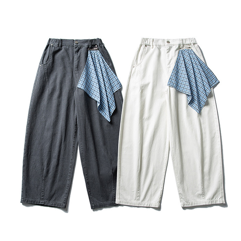 Men'S Fashion With Baggy Jeans - 男性の秋の日本のファッションジッパーチェック柄装飾ルーズカジュアルワイドレッグデニムだぶだぶのパンツシティボーイカーゴジーンズズボン