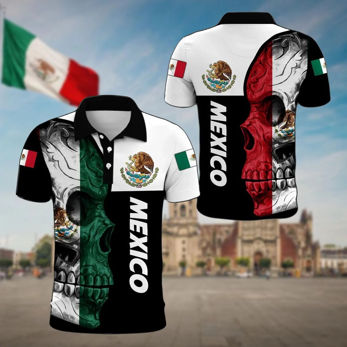 Mens Fashion Mexico - メキシコアステカ紋章 & スカル 3D オールオーバープリントファッションメンズポロシャツ夏ユニセックスカジュアルボタンポロシャツ POP24