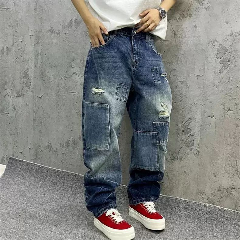 Men'S Fashion With Baggy Jeans - ブランドスプライシングジーンズ 秋ファッション ルーズストレート ハーレムパンツ ウォッシュド ツーリング