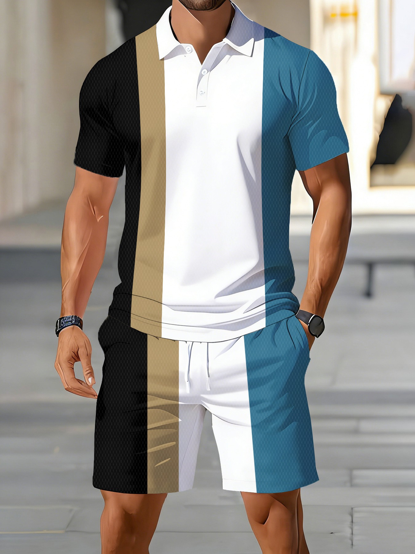 Men'S Fashion Polo Shirt - 2026年夏新作メンズポロシャツセット - ストリートカジュアルファッション 快適で柔らかく通気性のある3Dストライプ柄プリント