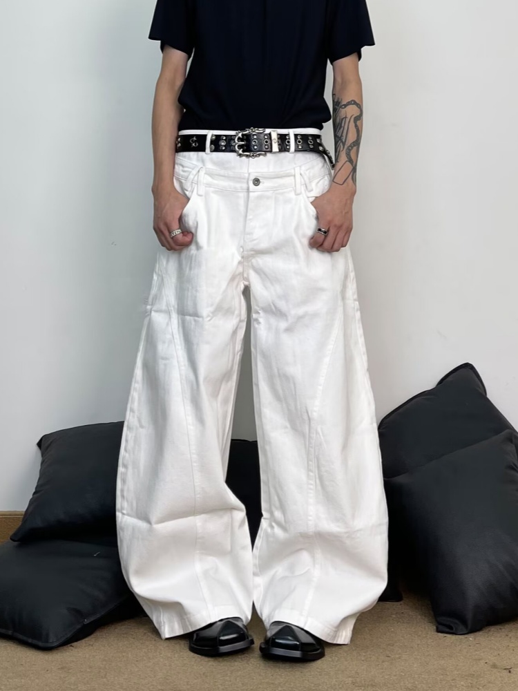 Men'S Fashion With Baggy Jeans - 2026年 ロパ Y2Kファッション ダブルウエストバンド ホワイト バギーパンツ
