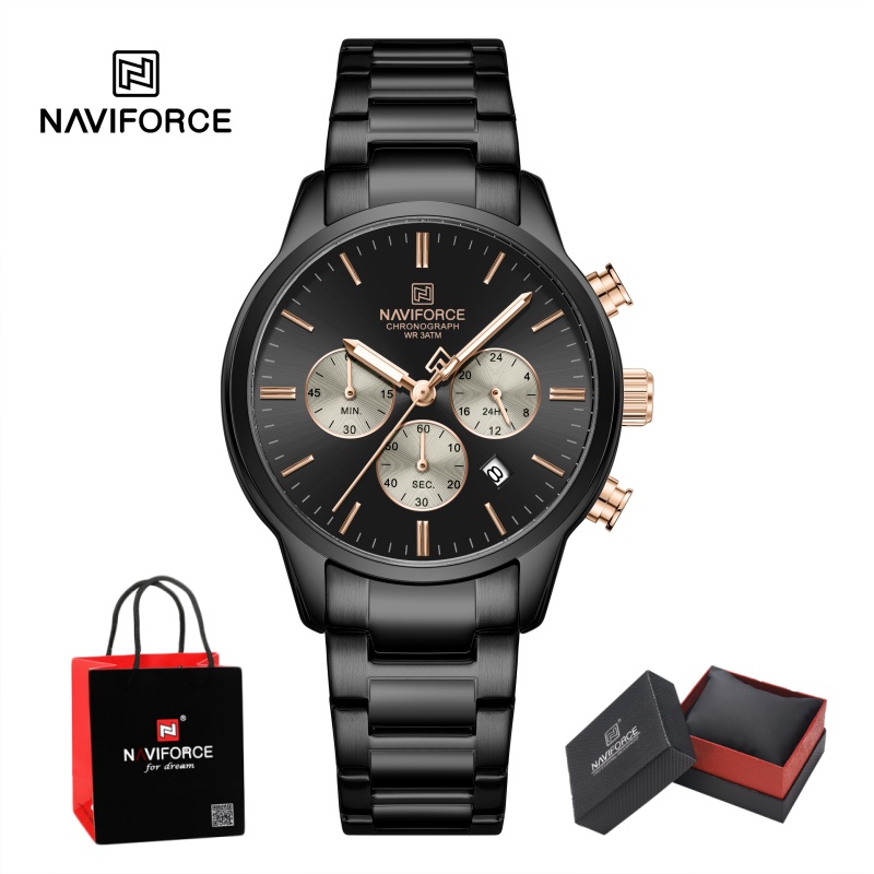 Mens Fashion Watch - NAVIFORCE メンズクォーツクロノグラフウォッチ 防水 日付表示 スチールストラップ 男性用