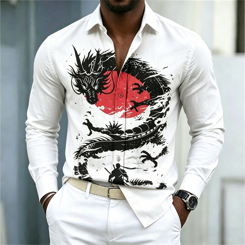Mens Fashion Summer - 2026年新作 メンズシャツ 白黒赤のコントラスト ドラゴン柄シャツ ストリートスタイル ファッション