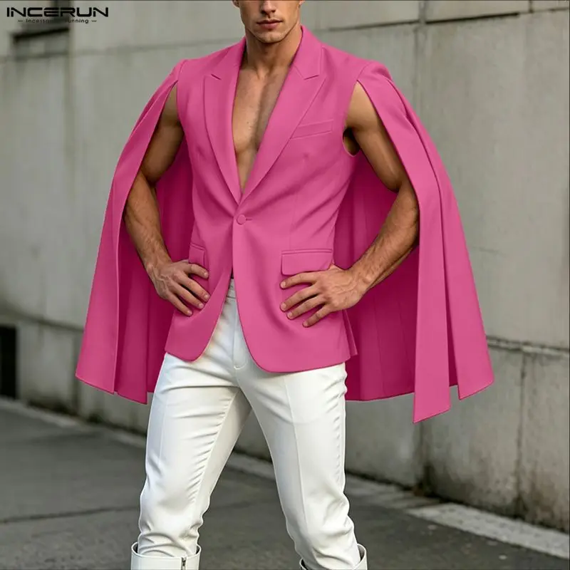 Mens Fashion Poncho - INCERUN メンズ不規則なブレザー無地マントケープラペル 1 ボタンカジュアル男性スーツストリートウェア 2026 ファッションポンチョ男性のための