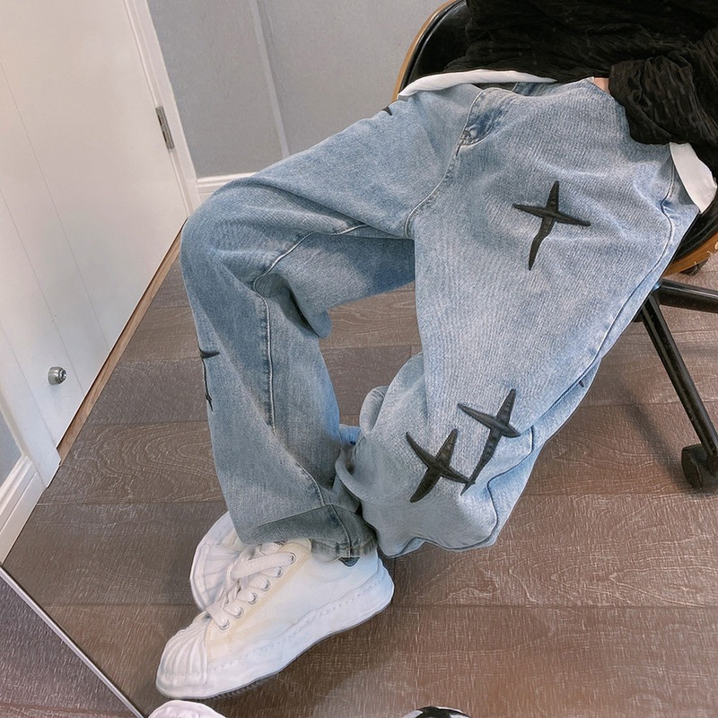 Men'S Fashion With Baggy Jeans - プリントジーンズ男性 2023 新ストリートだぶだぶワイドレッグジーンズ韓国ファッションドレープストレートカジュアルルーズデニムカーゴパンツ