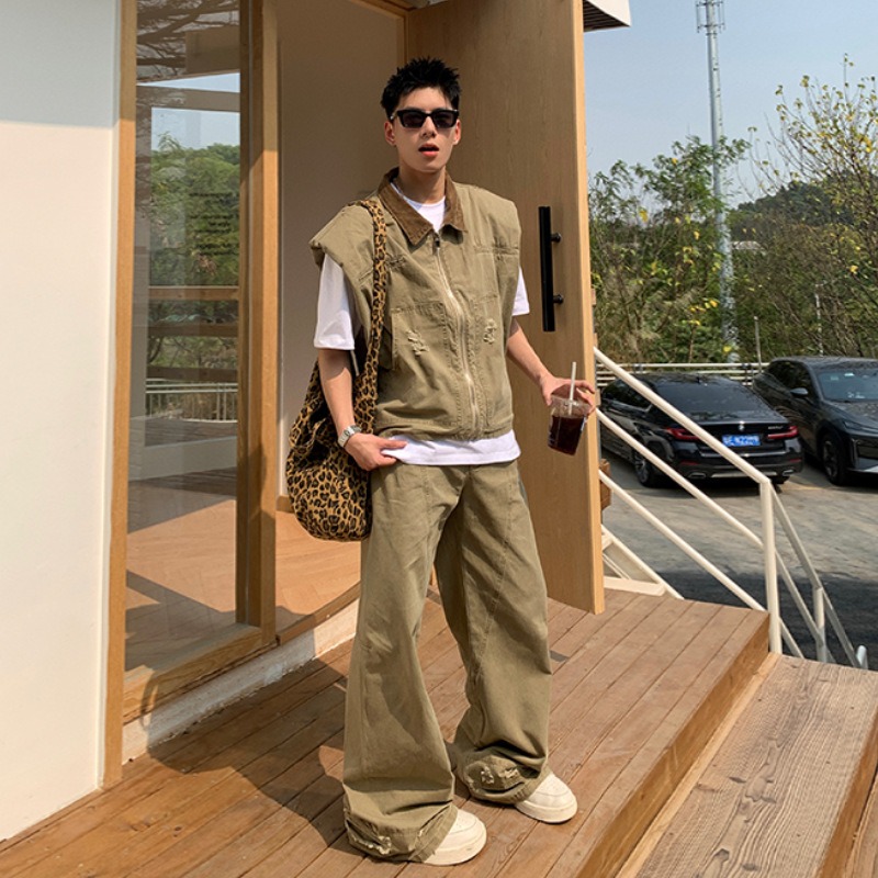 Mens Fashion Summer - アメリカのファッションブランドレトロデニムジャケットメンズ夏の新しいシルエットデザインショルダーベストルーズパンツセットファッショナブルでカジュアル