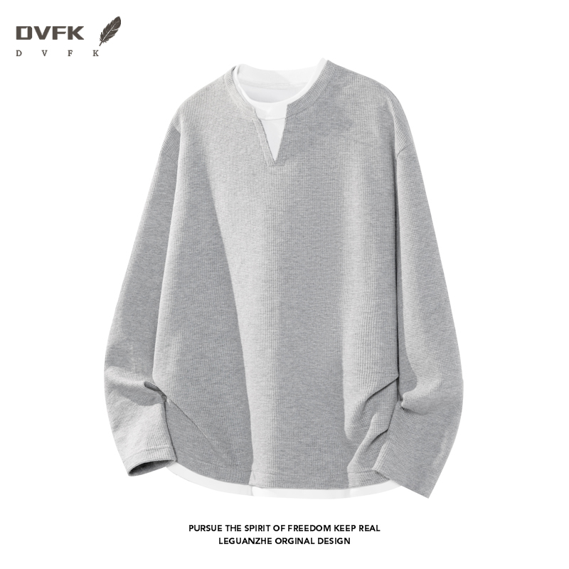 Mens Fashion Summer - メンズフェイクツーピース長袖シャツ、ノッチVネック、ワッフルニット、ルーズフィット、カジュアルデイリーベーシックトップ