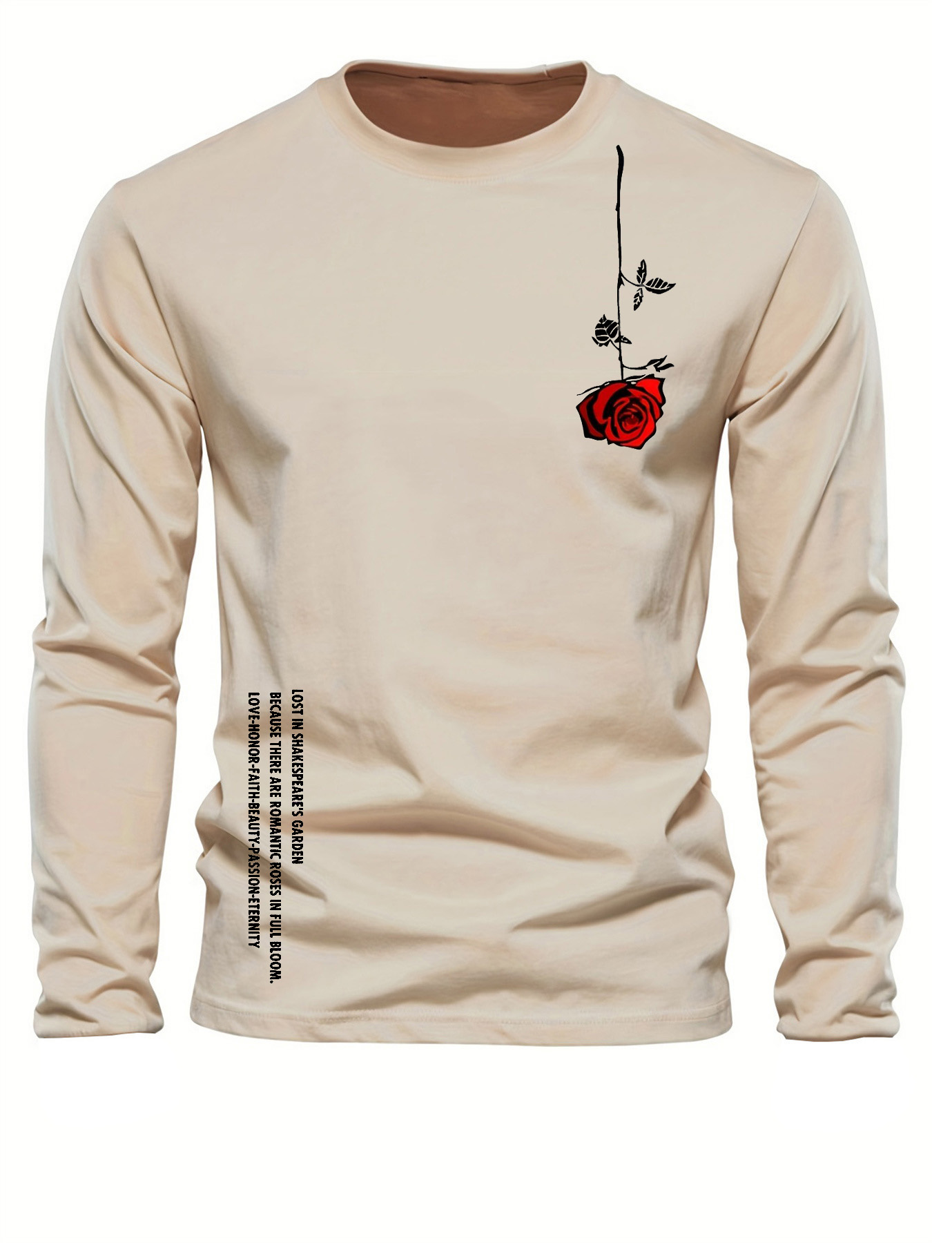 Men'S Fashion For Summer 2026 - 100% 純綿メンズ長袖ラウンドネックルーズカジュアルローズレタープリント春と秋の万能 T シャツトップ