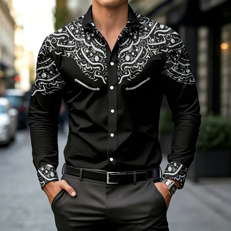 Mens Fashion Summer - 黒と白のコントラストプリントシャツ、スリムフィット、トレンディ、カジュアルトップス、様々なシーンに最適