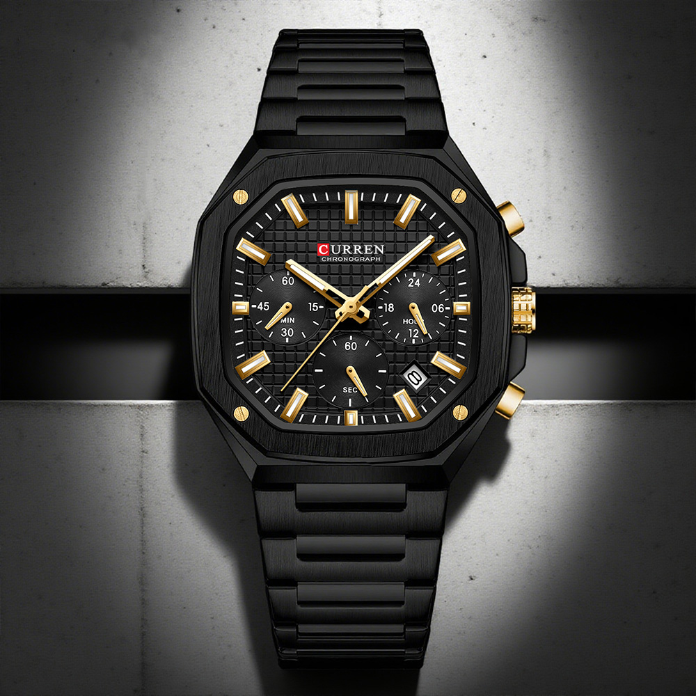 Mens Fashion Watch - CURREN 高級スクエアクロノ腕時計男性用クラシックデザインブラックダイヤルにゴールドアクセントファッションクォーツ腕時計発光針