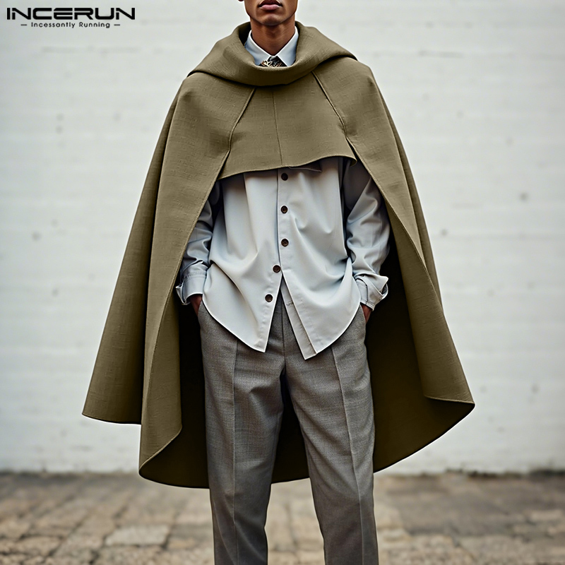 Mens Fashion Poncho - INCERUN 男性マントケープ無地ルーズカジュアル男性不規則なトレンチストリートウェア 2025 ファッションコートロングスタイルポンチョ男性