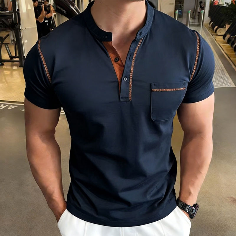 Men'S Fashion Polo Shirt - 新しい夏のメンズヘンリーカラー半袖ゴルフポロシャツ個性ポケットスタイルカジュアル通気性スポーツストリートファッショントップ