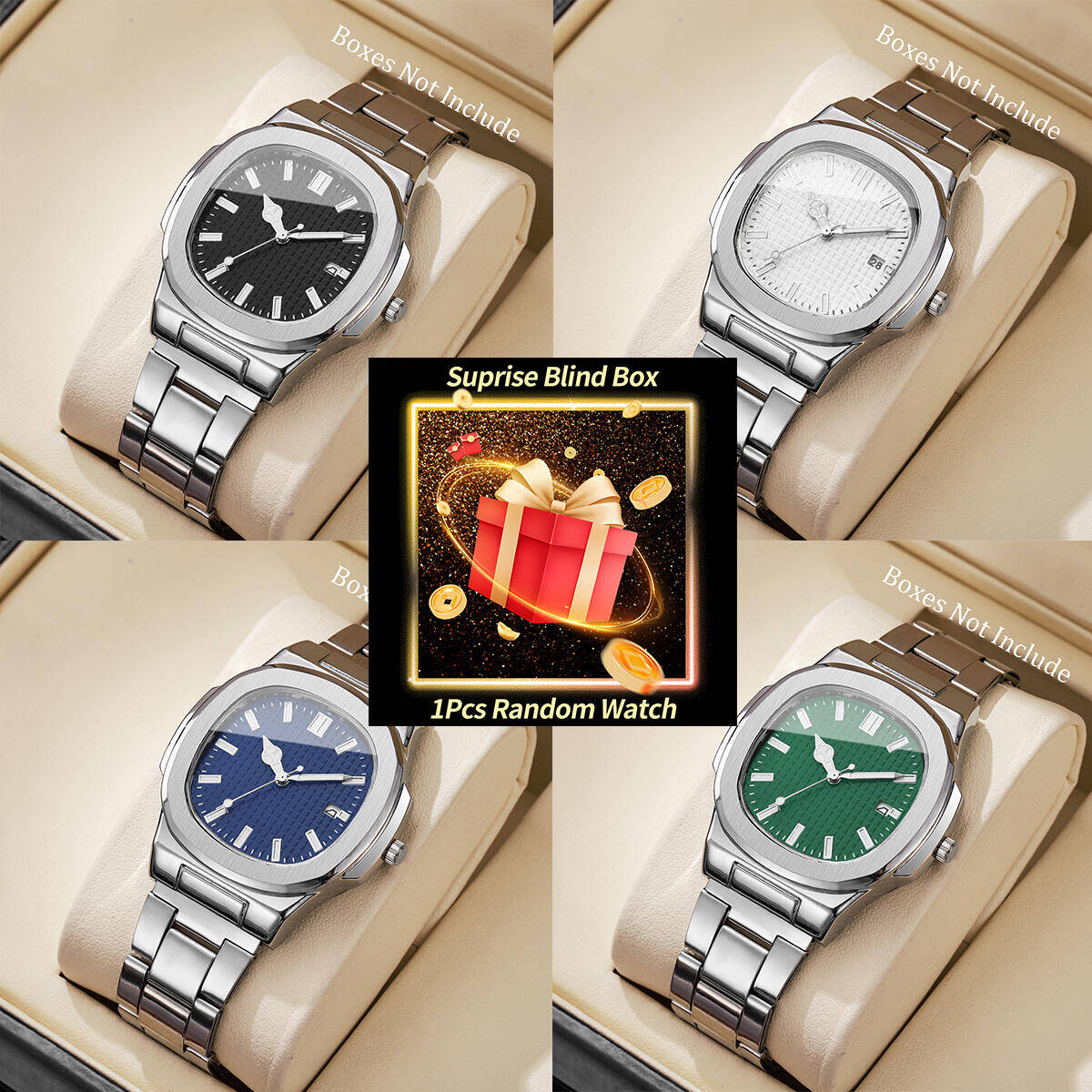 Mens Fashion Watch - 1PC サプライズミステリーウォッチブラインドボックス-ファッションスクエアメンズビジネスウォッチシンプルカレンダークォーツ時計リロイ Hombre (箱なし)