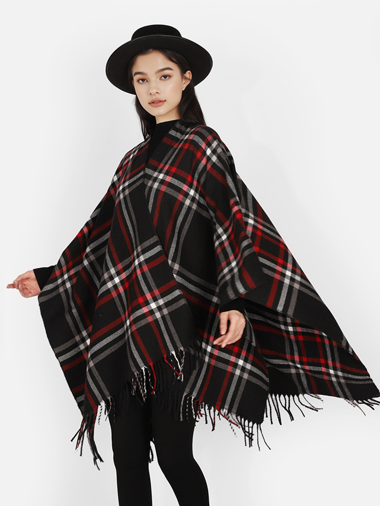 冬の女性男性スカーフレイヤーポンチョエレガントレトロチェック - Mens Fashion Poncho のレビューと価格