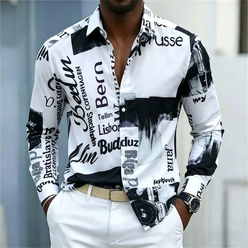 メンズプリント長袖シャツ、スリムフィット、襟付き、ストリート - Mens Fashion Summer のレビューと価格