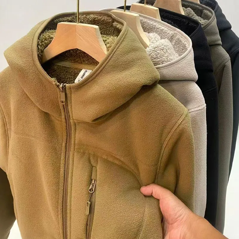 冬用厚手フリースシェルパジャケット メンズ フード付き二重層 - Sherpa Jacket Fleece のレビューと価格