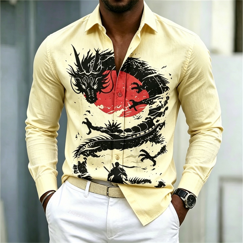 2026年新作 メンズシャツ 白黒赤のコントラスト ドラゴン - Mens Fashion Summer のレビューと価格