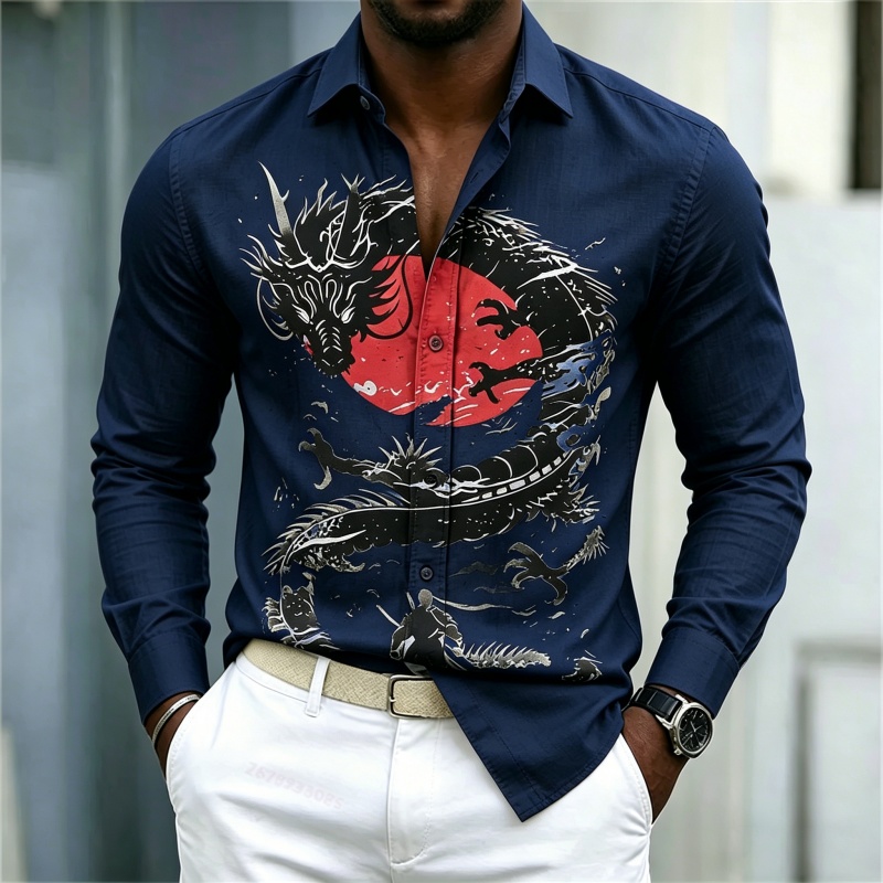 2026年新作 メンズシャツ 白黒赤のコントラスト ドラゴン - Mens Fashion Summer のレビューと価格