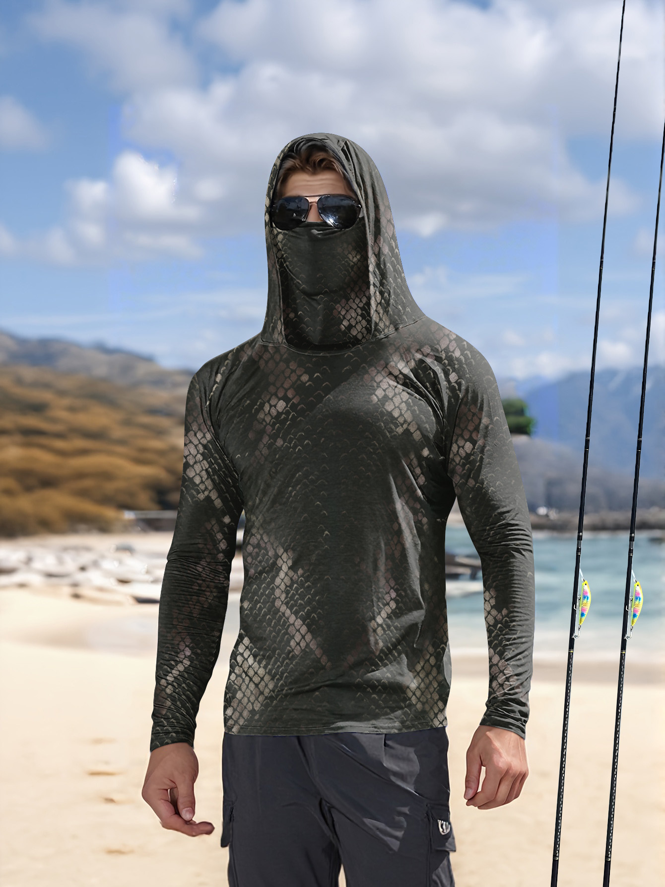 メンズフィッシングフード付き長袖迷彩柄日焼け止め通気性UVカ - Mens Fashion Summer のレビューと価格