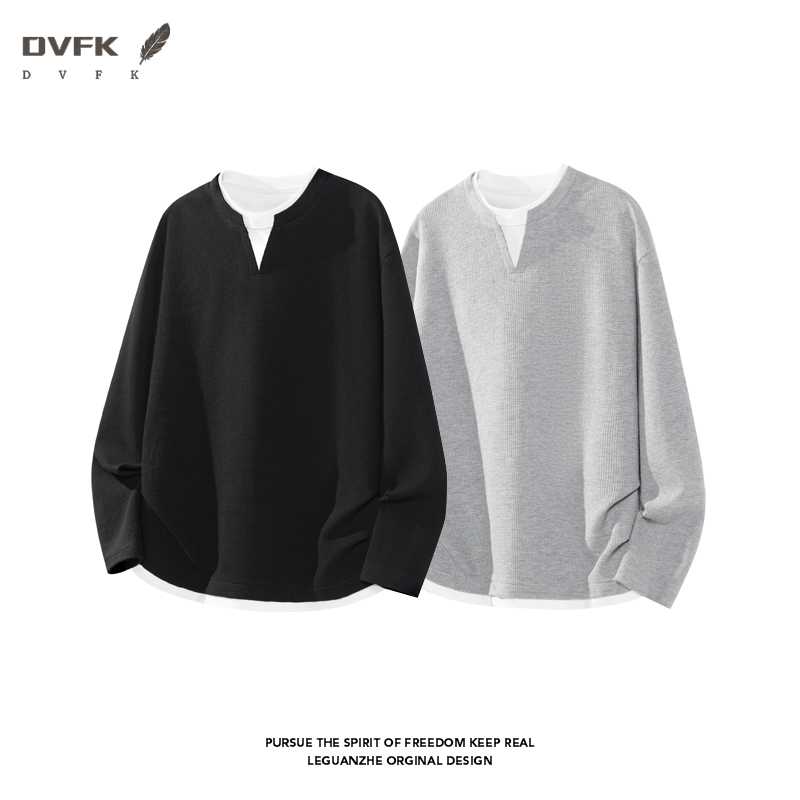 メンズフェイクツーピース長袖シャツ、ノッチVネック、ワッフル - Mens Fashion Summer のレビューと価格