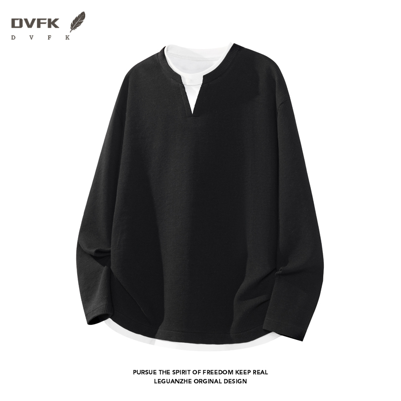 メンズフェイクツーピース長袖シャツ、ノッチVネック、ワッフル - Mens Fashion Summer のレビューと価格