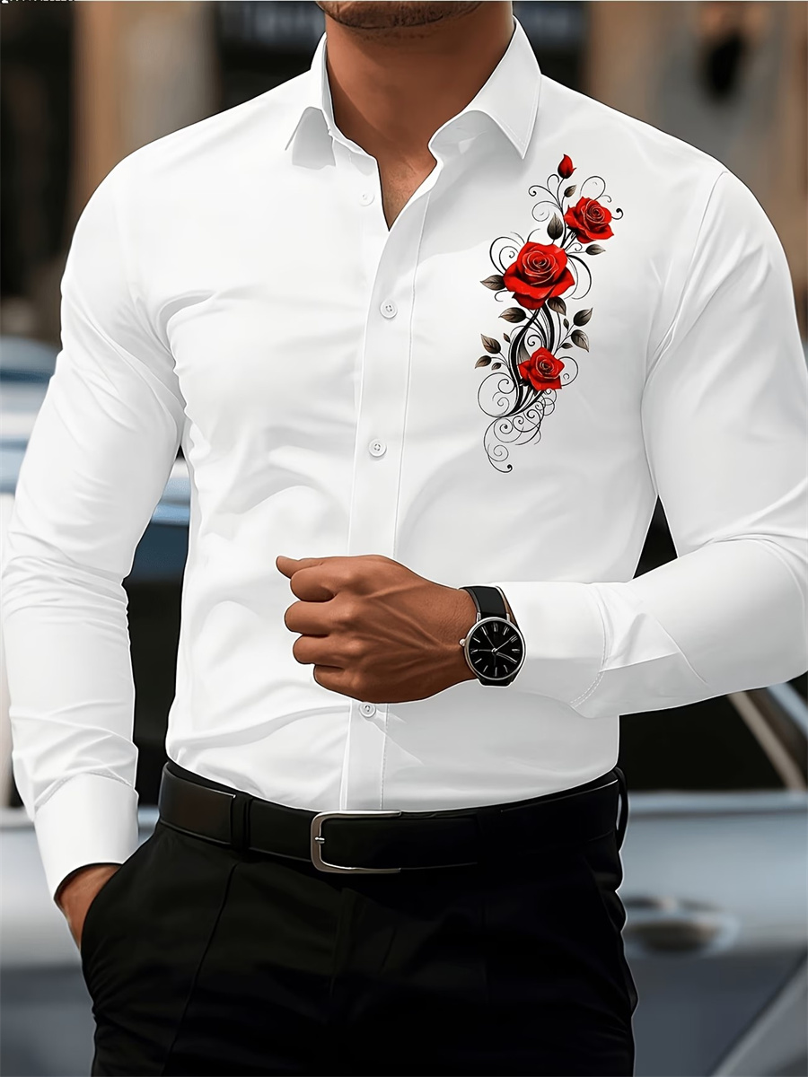 メンズ レッドローズプリント 長袖シャツ、ファッショナブルで - Mens Fashion Summer のレビューと価格