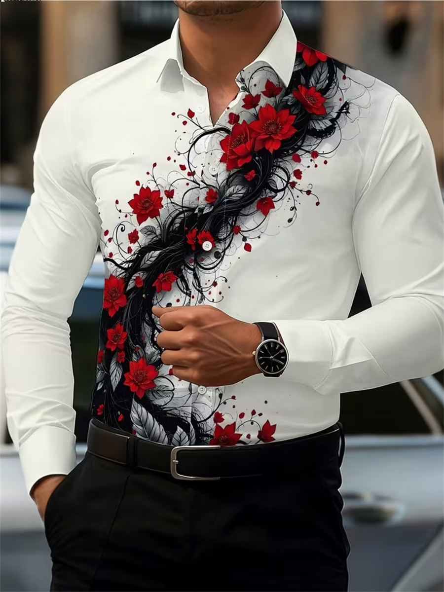 メンズ レッドローズプリント 長袖シャツ、ファッショナブルで - Mens Fashion Summer のレビューと価格