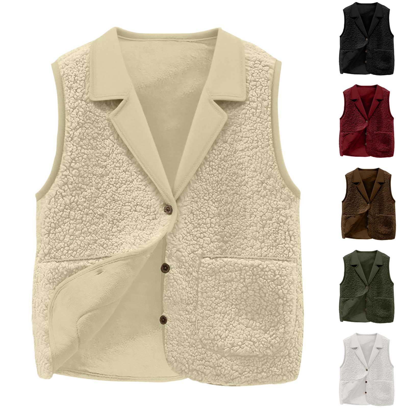 レディース シェルパフリースベスト、ラペルカラー、ボタンフロ - Sherpa Jacket Fleece のレビューと価格